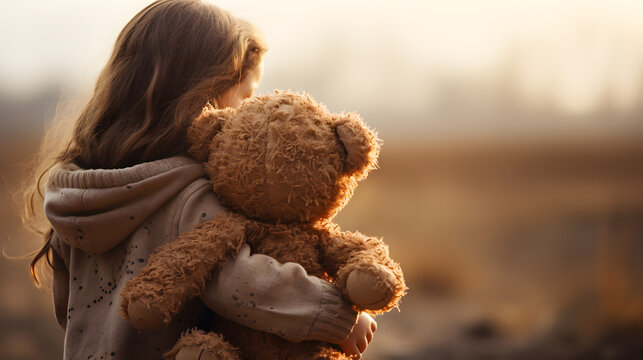Cute little girl and her toy teddy bear. Friendship, best friend concept.
