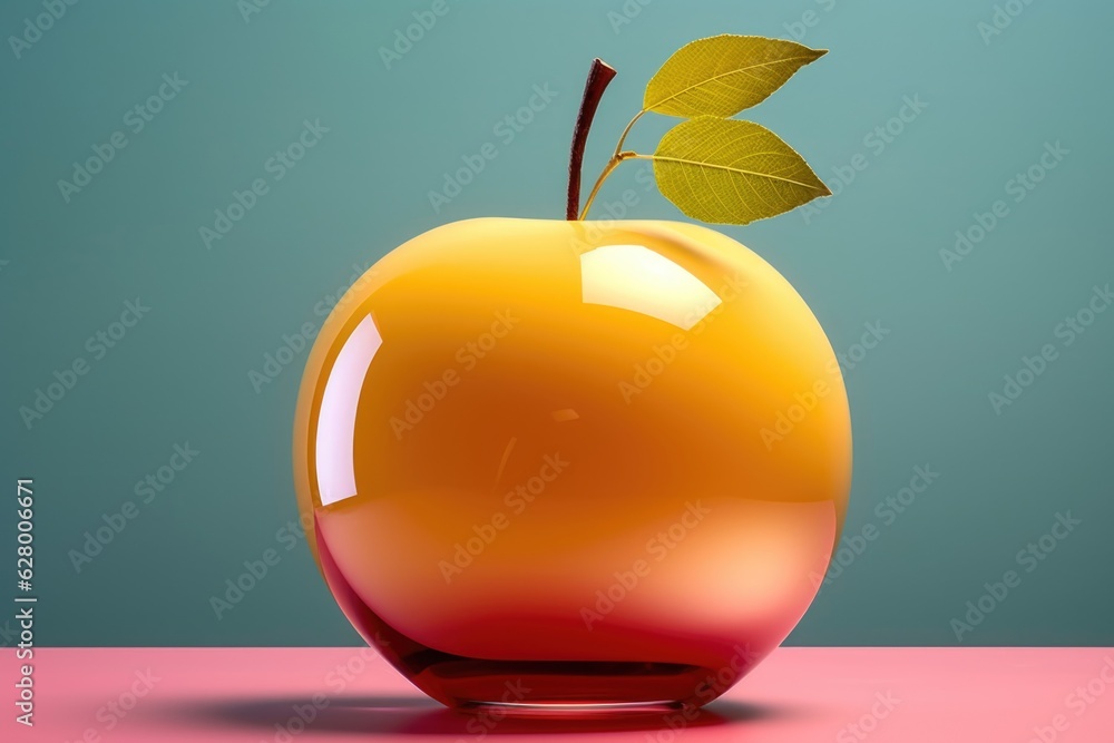 Poster an apple with a leaf sticking out of it. digital image. crystal apple.