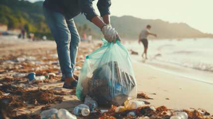 Man in gloves pick up plastic bags that pollute sea. Problem of spilled rubbish trash garbage on the beach sand caused by man - made pollution and environmental, campaign to clean volunteer in concept - obrazy, fototapety, plakaty