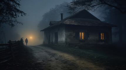 Misty lights a lonely house at night with an man walking