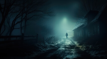 Misty lights a lonely house at night with an man walking