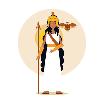 recommend clip art: vector flat girl with helmet, spear, shield, owl