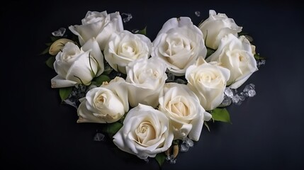 White roses in the form of a heart, greeting card for the wedding, Valentine. AI generated.