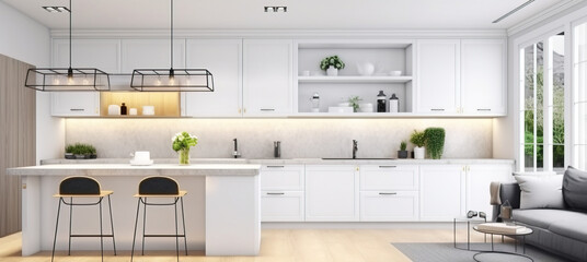 Interior design of a white kitchen in a minimalist style, light background. AI generated.