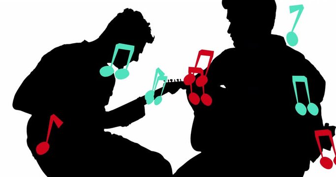 Animation of notes moving over silhouette of men playing guitar