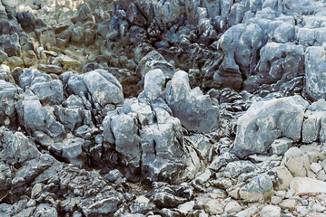 Texture of limestone stone on the Adriatic coast, background of stone with moss