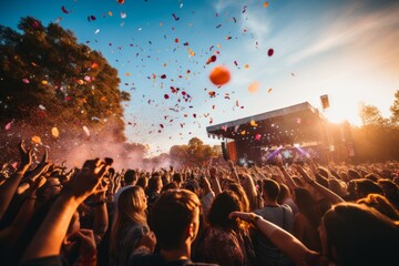 Fototapeta na wymiar Lively Music Festival With Crowds Dancing, Generative AI