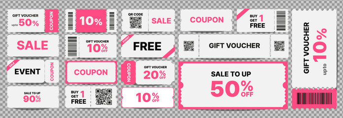 a collection of pink coupons. Sale, Free, Barcode, Half Price, Discount, 50%, 10%, 20% discount coupon book. vector illustration.