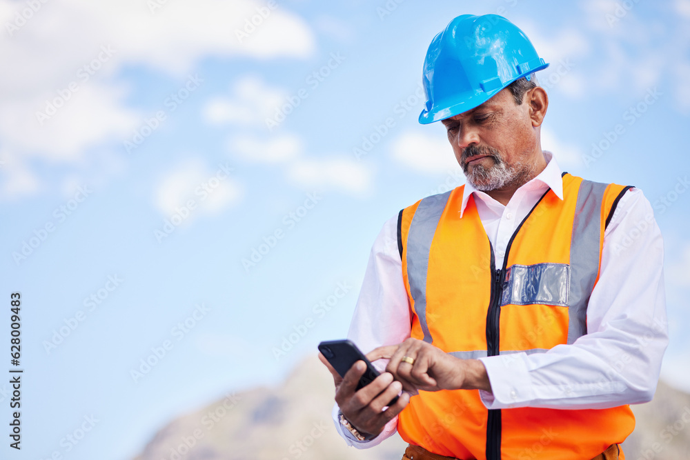 Aufkleber phone, construction worker and typing communication in the city for planning, building and project m