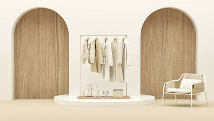 Clothes on beige background, shelf on cream background. Collection of clothes hanging on a rack in neutral  colors. 3d rendering, store and bedroom concept	