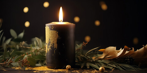  Christmas candle mockup with pine or fir branches, golden Xmas decoration, confetti, lights. First Advent. New Years template. Holidays background with copy space. Generative ai