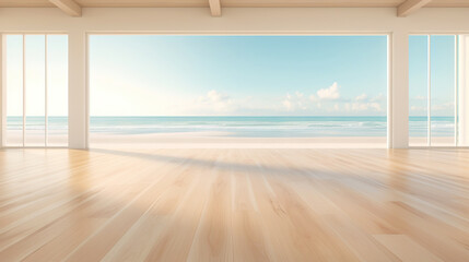 Empty apartment room with wooden floor of beach house. Sea view from windows. Copy space. Generative AI - Powered by Adobe