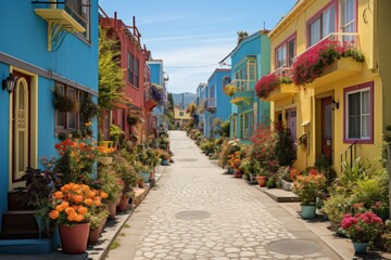 Fototapeta na wymiar Vibrant Street With Colorful Houses, Generative AI