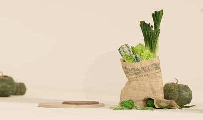 Grocery delivery concept. A bag of fresh fruits. Shopping bag with vegetables and fruits, wooden podium on beige white background. 3d render

