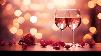 Romantic concept. Two glasses of vine with pink rose petals with bokeh background. Valentine's day banner. Celebration with wine and red rose.