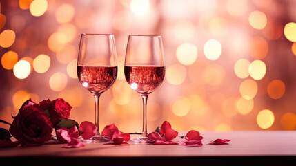 Romantic concept. Two glasses of vine with pink rose petals with bokeh background. Valentine's day banner. Celebration with wine and red rose. - obrazy, fototapety, plakaty