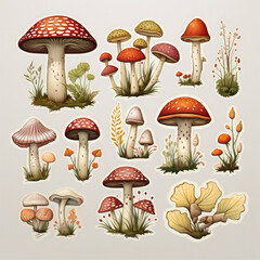 Autumn set, mushroom clip art, collection of design elements. Bundle of abstract fungus.