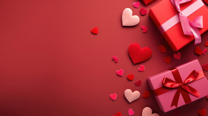 Valentines Day red background with red and pink hearts and gift