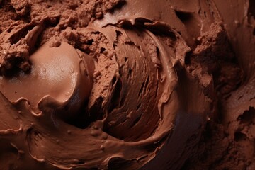 a macro image of a texture of brown chocolate ice cream with swirls. Close-up. Generative AI technology