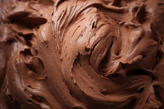 a macro image of a texture of brown chocolate ice cream with swirls. Close-up. Generative AI technology