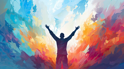 Man raises his hands to worship and praise God. Christian illustration. - obrazy, fototapety, plakaty