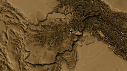 Shape of Afghanistan. Bevelled. Sepia elevation.