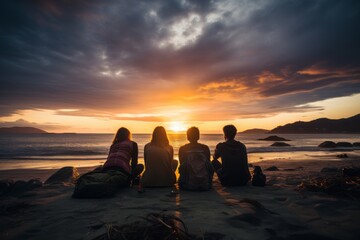 Group Of Travelers Admiring A Stunning Sunset, Generative AI