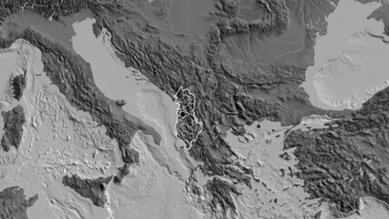 Shape of Albania with regional borders. Bilevel.
