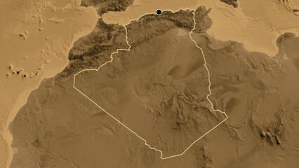 Shape of Algeria. Outlined. Sepia elevation. © zelwanka