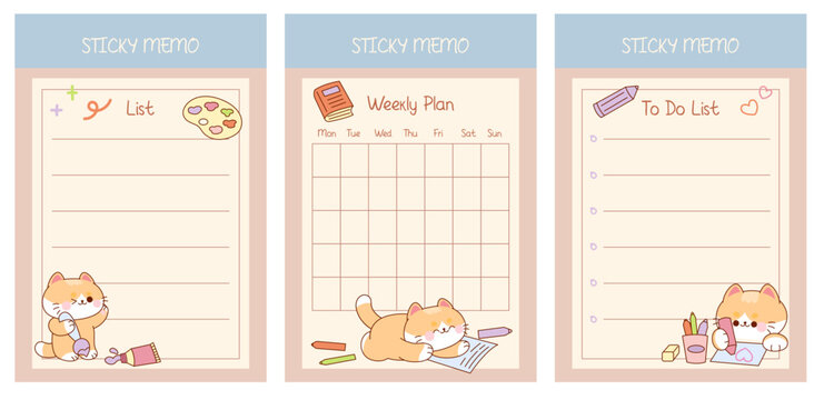 Kawaii Sticky Note with ginger cat. Weekly Plan, To Do List, Check List. Cute Memo Pads, Stationery, Notepad for task planning and study.