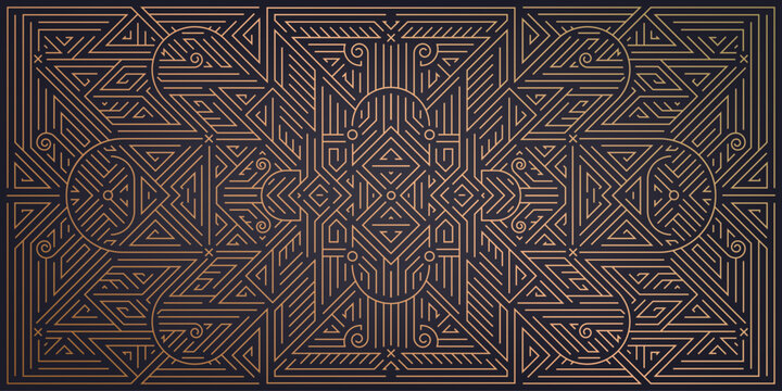 Vector abstract art deco luxury pattern, golden vintage artistic background with geometric shapes, archs and swirls. Linear retro ornament, gatsby card.