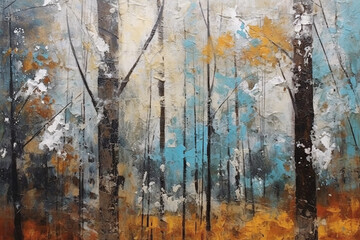 Naklejka premium The first snow in the autumn park, an illustration in the style of oil painting. Generated by Ai