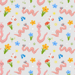 Worm Watercolor seamless pattern with worms. Illustration of cute worms with flowers. Children's illustration drawn by hand.