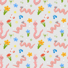 Worm Watercolor seamless pattern with worms. Illustration of cute worms with flowers. Children's illustration drawn by hand.