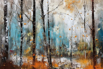 The first snow in the autumn park, an illustration in the style of oil painting. Generated by Ai
