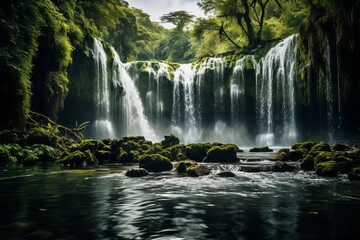 Fototapeta premium Majestic Waterfall Surrounded By Lush Forest, Generative AI