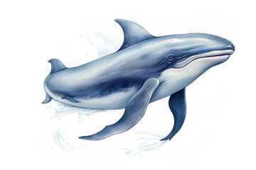 Watercolor illustration of a blue whale in the water on white