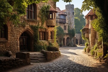 Fototapeta na wymiar Pictresque Medieval Town With Cobbles Road, Generative AI 