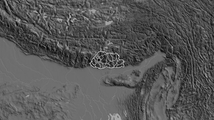 Shape of Bhutan with regional borders. Bilevel. © zelwanka