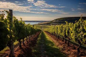 Fototapeta premium Pictresque Vineyard With Rows Of Grape Trees, Generative AI 