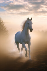 Obraz na płótnie Canvas A white horse gallops out of the fog in the rays of the morning rising sun. Generated by Ai