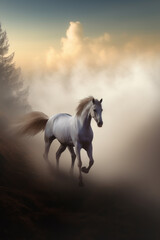 A white horse gallops out of the fog in the rays of the morning rising sun. Generated by Ai