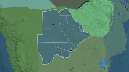Shape of Botswana with regional borders. Administrative.