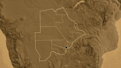 Shape of Botswana with regional borders. Sepia elevation.