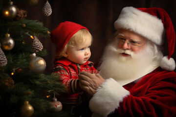 Fototapeta na wymiar Santa Claus wishes the child a happy New Year and Christmas under a decorated Christmas tree . Generated by Ai