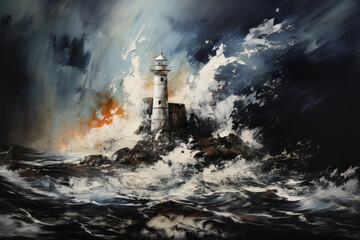 An old lighthouse on a rocky shore during a strong storm, an illustration in the style of oil painting. Generated by Ai