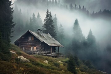 isolated log cabin in a misty mountain setting - obrazy, fototapety, plakaty