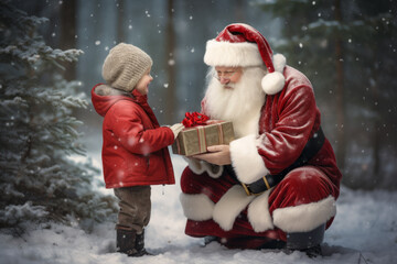 Santa Claus gives a gift to a little girl in the middle of a snowy forest on New Year's Eve and Christmas. Generated by Ai