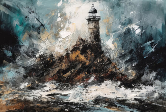 An old lighthouse on a rocky shore during a strong storm, an illustration in the style of oil painting. Generated by Ai