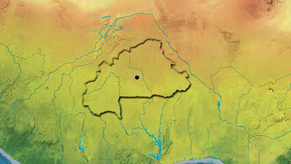 Shape of Burkina Faso. Bevelled. Topographic.